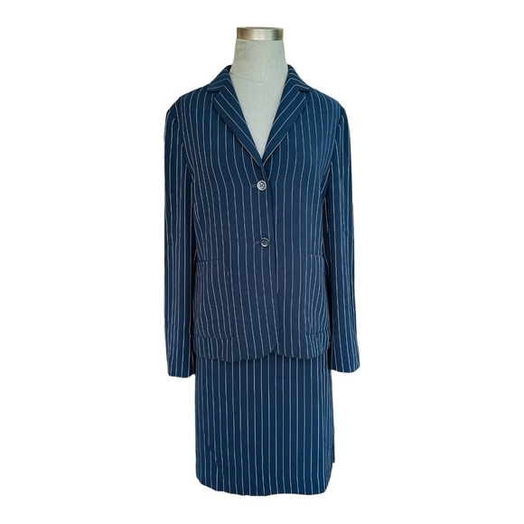 Women’s Pencil Skirt Suit KENAR Navy Blue White Striped Blazer & Skirt Set Suit